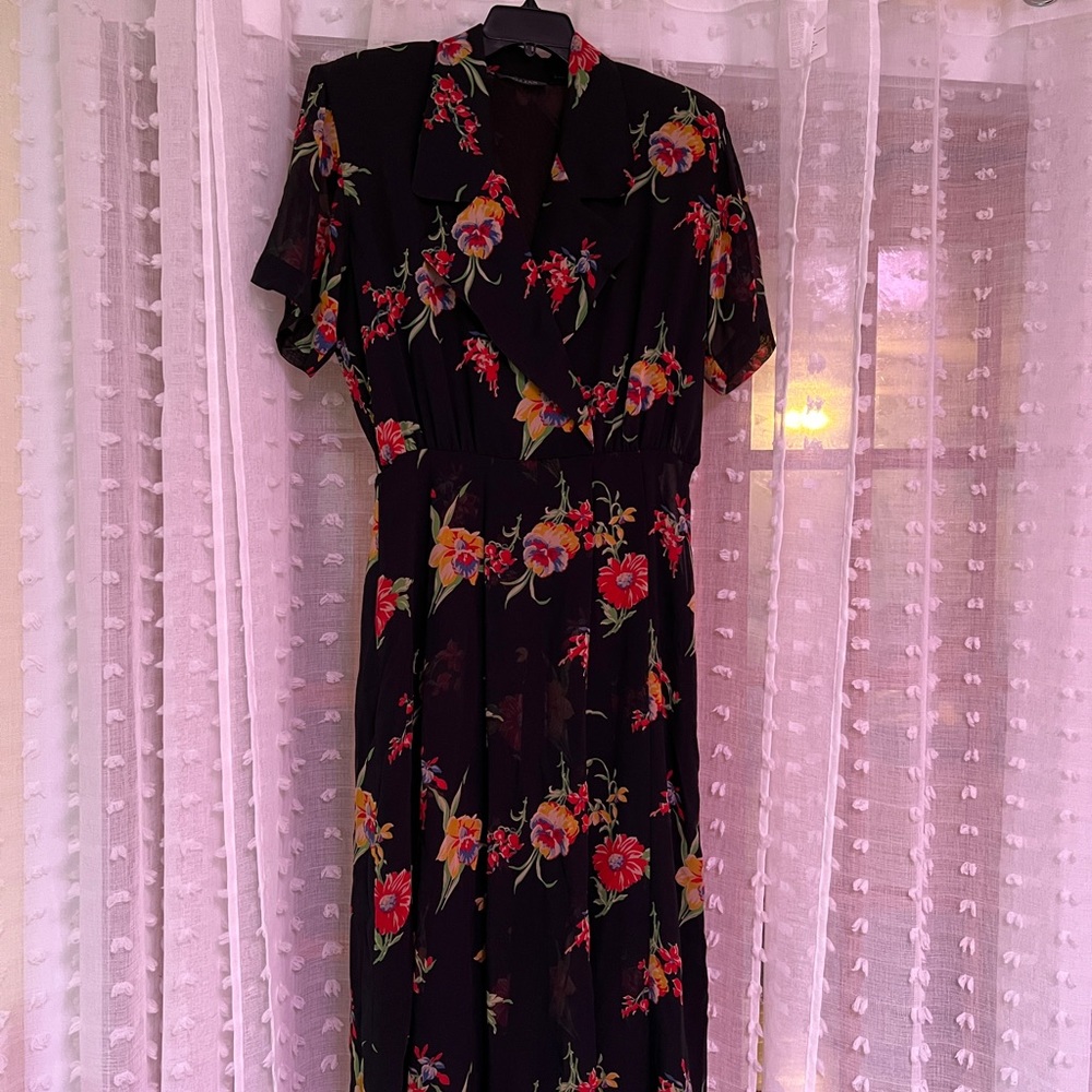 Black georgette floral maxi dress with Cuban collar